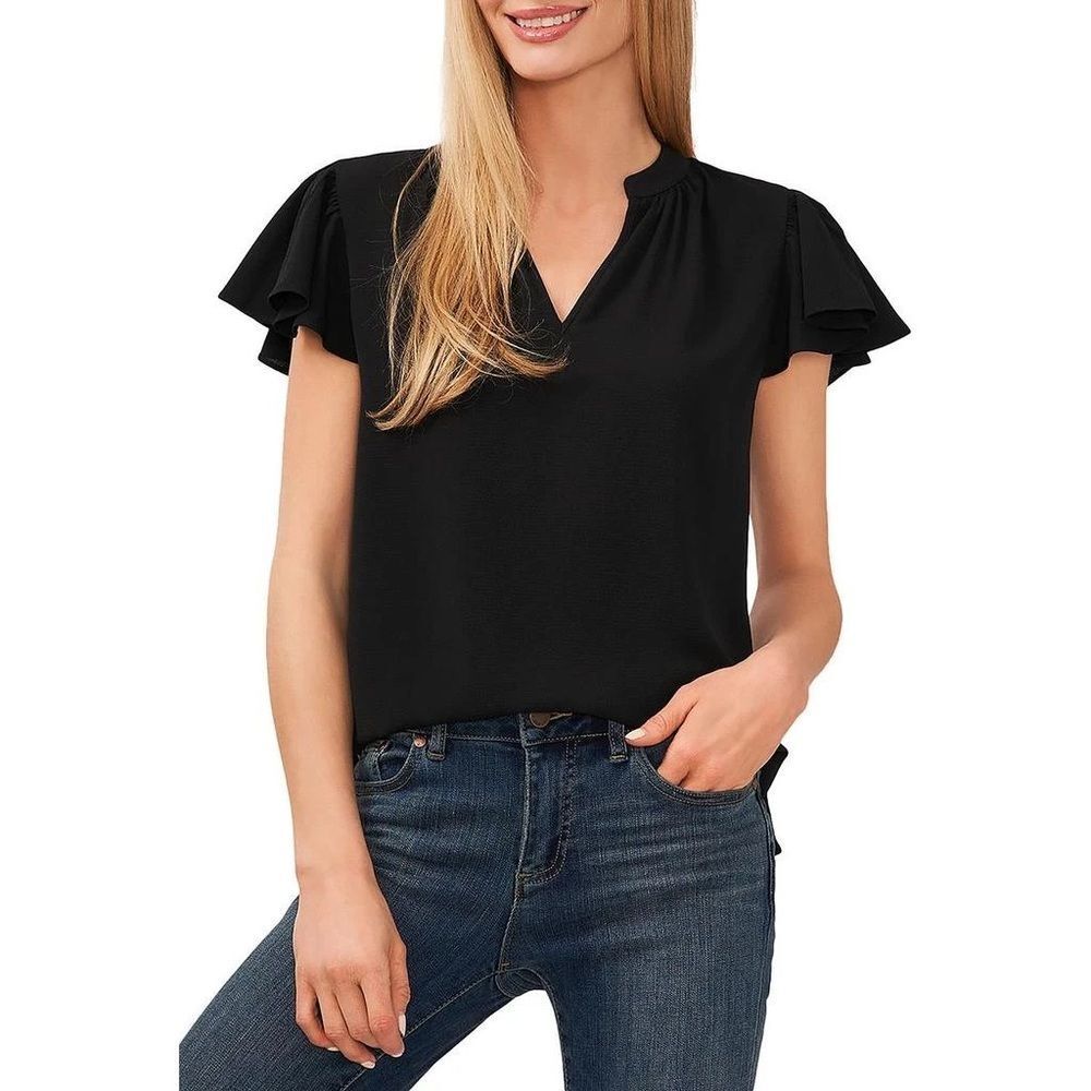 CeCe Garden Romance Womens V Neck Ribbed Pullover Top Black XL Nwt